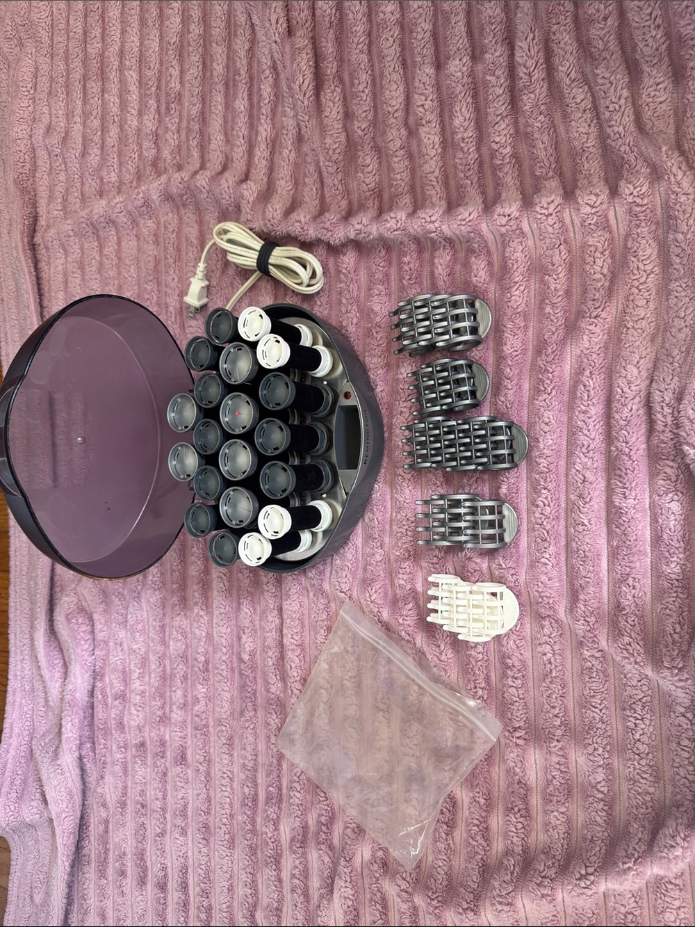 Electric Hair Roller Set with Clips — Plum and White